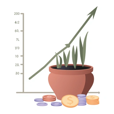 A digital flat illustration featuring an illustrated graph displaying the "growth of savings over time" along the x-axis. The graph is composed of a series of ascending lines, symbolizing the increase in savings. At the base of the graph, there is a brown pot filled with soil. From this pot, several green plants are sprouting upward, indicating growth. Surrounding the plants are various coins of different sizes and colors, such as gold, silver, and copper coins, scattered around the pot. The background is a simple white to enhance the visibility of the graph and the elements in the foreground.