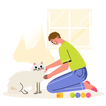 A person with short brown hair is gently petting a fluffy white cat with bright blue eyes. The person is kneeling on the floor, wearing a green t-shirt and jeans, showing a warm smile. The cat appears relaxed, with its eyes half-closed, enjoying the affectionate touch. Soft sunlight filters in through a nearby window, casting a warm glow over the scene. A few colorful toys are scattered on the floor, adding a playful touch to the environment.