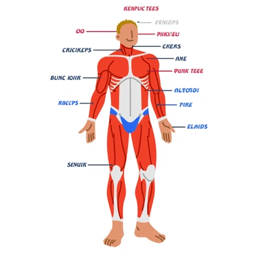 An illustrated diagram of human muscles, featuring various muscle groups labeled clearly. The diagram includes the major muscle areas such as the biceps, triceps, quadriceps, and deltoids. Each muscle is depicted in a vibrant color for easy identification. The diagram has a simple, clean layout, allowing for easy reading and understanding of the labeled parts. The human figure is shown in a neutral stance to highlight the muscles effectively.