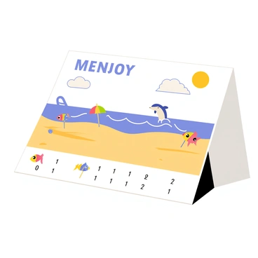 A calendar page showcasing serene coastal landscapes with illustrations of beaches and sea life