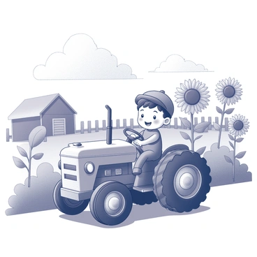 A cartoon boy is seated on a small tractor. The tractor is detailed with oversized wheels and a cheerful front grille. The boy has short hair and is wearing a cap, smiling as he steers the tractor. In the background, a farm field is visible, featuring various crops with distinct shapes and patterns. There are large sunflowers with broad petals and tall stalks alongside rows of leafy green vegetables. A red barn stands in the distance, surrounded by a wooden fence. The sky above showcases fluffy clouds drifting gently.