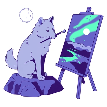 A gray wolf is standing on a rocky outcrop, holding a paintbrush in its mouth. The wolf is focused on an easel where a canvas displays a moonlit landscape filled with rolling hills and a shimmering lake. Above, the night sky is illuminated by vibrant northern lights swirling in shades of green and purple. The full moon casts silvery light across the scene, creating reflections on the lake's surface. The wolf's fur looks slightly ruffled, and its eyes are fixated on the canvas as if it is deeply immersed in its artistic endeavor.