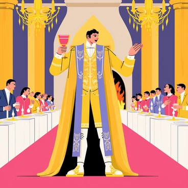 An arrogant duke is standing in the center of a grand hall. He is dressed in extravagant attire, featuring a richly embroidered gold and purple coat with a high collar. His expression displays confidence and superiority. In his right hand, he holds a jeweled goblet filled with a vibrant red beverage. The hall is adorned with opulent chandeliers and large tapestries hanging on the walls. Long tables are set with ornate plates and silverware, as guests in fine clothing enjoy a lavish banquet. A large fireplace with flames flickering can be seen in the background, adding warmth to the scene.
