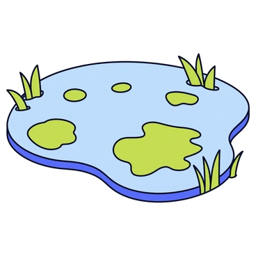 A pond with a surface covered in bright green cyanobacteria. The water reflects the clear blue sky above. Small ripples disturb the surface in some areas, creating a contrast with the still patches. Lush green reeds line the edges of the pond, adding to the natural setting.