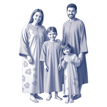 A family portrait featuring four individuals standing closely together, all wearing matching kaftans adorned with playful patterns. Each kaftan displays a distinct yet harmonious design, rich in intricate details. The family members smile warmly, with the children positioned in front of the adults, all exuding a sense of joy and togetherness. The background includes simple furnishings that emphasize the family atmosphere, allowing the vibrant kaftans to be the focal point of the image.