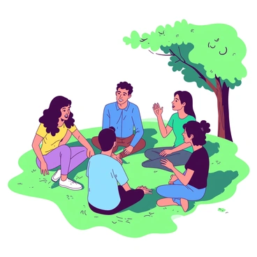 A circle of five friends is seated on a soft green grass in a park, forming a circle. Each friend is taking turns speaking, while the others listen attentively. One friend at the center, wearing a blue shirt, gestures expressively as they share their thoughts. The friends seated around have a variety of hairstyles and clothing colors, including teal and yellow. There are various expressions of understanding and support on their faces, conveying empathy. A few trees provide a natural backdrop, adding warmth to the scene. Sunlight filters through the leaves, casting dappled shadows on the ground.