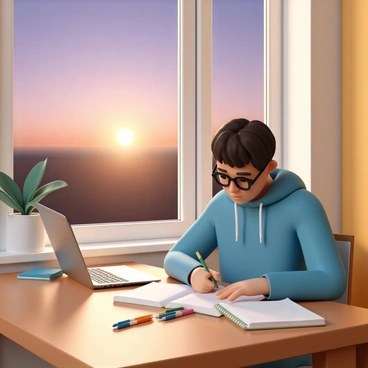A student, wearing a blue hoodie and glasses, is sitting at a wooden desk beside a large window. The desk is cluttered with open notebooks, colorful pens, and a laptop. The warm evening light streams through the window, casting a soft glow on the student's notes. The student is focused, with one hand resting on a page while the other writes. Outside the window, the sky is a deep orange and purple as the sun sets, creating a cozy atmosphere in the room. A potted plant sits on the windowsill, adding a touch of greenery to the scene.