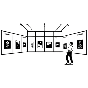 A spacious gallery interior with high ceilings, featuring multiple walls displaying various artworks. One wall showcases pieces representing "spring," with floral motifs and vibrant greenery. Another wall illustrates "summer," displaying bright landscapes with sunlit scenes. A third wall is dedicated to "autumn," adorned with images of falling leaves and warm tones. The final wall represents "winter," featuring snowy landscapes and bare trees. Each section is clearly labeled with words "Spring," "Summer," "Autumn," and "Winter" above the respective art pieces. The gallery floor is polished and reflective, enhancing the overall atmosphere.