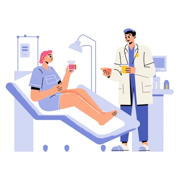 A patient sitting on an examination table in a bright, well-lit medical room, wearing a hospital gown. The patient is holding a small cup containing a colorful liquid for the swallow test. A medical professional, dressed in scrubs and a lab coat, stands beside the patient, looking attentive and explaining the procedure with a friendly expression. Medical equipment, such as a monitor and testing tools, can be seen in the background, adding context to the medical setting.