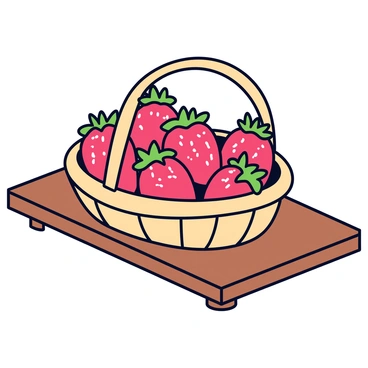 A woven basket filled with ripe red strawberries lies on a wooden table. The strawberries are plump and glossy, showcasing their vibrant color. The basket has a natural texture, with visible weaving patterns. The wooden table has a rich grain, providing a warm contrast to the bright strawberries in the basket. Soft shadows are cast by the basket and the strawberries, emphasizing their shapes and adding depth to the scene.