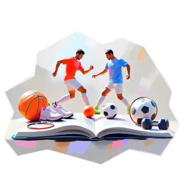 A dynamic composition featuring various sports equipment and athletes displayed along the margins of a sports magazine. On the left side, a basketball rests next to a pair of sneakers, while a baseball glove and ball are positioned nearby. On the right side, a soccer ball sits next to a tennis racket and a set of dumbbells. In the center, an athlete in a red jersey is portrayed mid-action, dribbling a basketball, while another athlete in a blue uniform is captured kicking a soccer ball. The background includes a subtle gradient suggesting movement and energy.