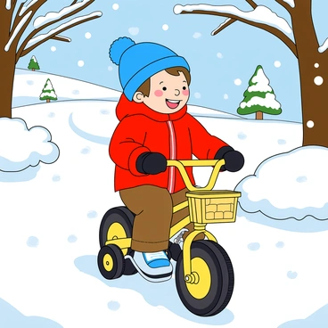 A cheerful toddler with rosy cheeks, wearing a bright red winter jacket and a fluffy blue hat, is riding a small, colorful bike with training wheels. The bike has a shiny yellow frame and a basket attached to the front. The toddler is smiling broadly, clearly enjoying the moment. All around, the snowy landscape is blanketed in thick, white snow, covering the ground and tree branches. Snowflakes are gently falling from the sky, creating a magical atmosphere. Some snowflakes are caught in the air, while others have landed on the toddler's hat and bike. In the background, there are a few snow-covered trees and a distant hill, completing the picturesque winter scene.