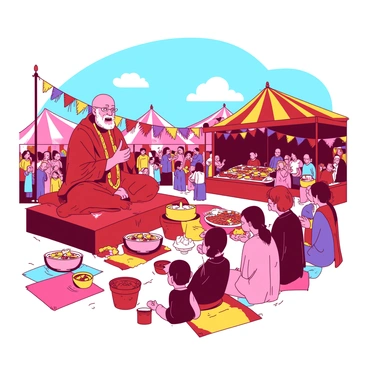 A red-robed guru is seated on a raised platform, surrounded by a lively folk festival. The guru is animatedly speaking to a diverse group of listeners, who are intently focused on his words. Colorful decorations, including vibrant banners and garlands, adorn the surrounding area, creating a festive atmosphere. In the background, various food stalls are visible, displaying an assortment of dishes in vibrant colors. The sky above is clear, and a few fluffy white clouds can be seen drifting by. The ground is covered with a mix of colorful mats and blankets where people are gathered, enjoying the rich cultural experience of the festival.