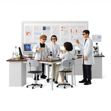 A group of scientists, two men and one woman, are working intently in a modern laboratory. The scientists are dressed in white lab coats with safety glasses on their faces. One man has short black hair and is focused on analyzing data on a computer screen, while the other man, with wavy brown hair, is using a pipette to transfer a liquid sample into a test tube. The woman, who has curly dark hair, is discussing results with the others while pointing at a large chart on the wall that displays heart disease statistics. The lab is filled with sophisticated equipment, including microscopes, centrifuges, and various glassware. Papers and research articles are scattered around their workspace, and there is a whiteboard filled with diagrams and notes on heart anatomy. The overall atmosphere reflects a dedicated research environment.