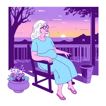 An old woman sitting on a porch, watching the sunset and reflecting on life