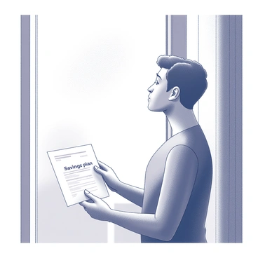 A thoughtful individual stands by a large window, gazing outside with a pensive expression. They are holding a document labeled "savings plan" in their hands, examining it closely. The room is softly lit, with light streaming in through the window, creating a warm atmosphere. The individual appears to be deep in thought, perhaps imagining their future aspirations and dreams. Their other hand rests lightly on the window frame, emphasizing their engagement with the moment. The window is adorned with a simple curtain, adding a touch of homeliness to the scene.