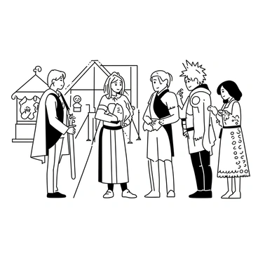 A group of cosplayers is gathered at a fair, interacting with one another. They are dressed in intricate costumes inspired by popular illustrations, showcasing elaborate designs and details. One cosplayer, wearing a flowing cloak, is holding a prop sword and is engaged in conversation with another cosplayer who has bright, spiky hair and a detailed armor suit. Nearby, a third cosplayer is wearing a vibrant dress adorned with patterns and accessories, excitedly showing off their costume. The fair setting includes stalls and decorations in the background, adding to the lively atmosphere.