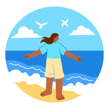 A person standing at the edge of the ocean with arms outstretched toward the waves. The individual has long, flowing hair that dances in the breeze. They are wearing a light blue shirt and beige shorts, with bare feet touching the wet sand. The waves are crashing gently onto the shore, creating white frothy bubbles. The sky is a bright blue with fluffy white clouds scattered across it. In the background, there are seagulls soaring above the water.