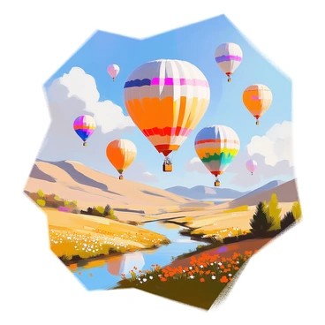 A vibrant scene featuring several colorful hot air balloons ascending gracefully into the sky. Each balloon displays a unique pattern and hue, such as bright reds, yellows, blues, and greens. Below them lies a picturesque landscape with rolling hills, lush fields dotted with wildflowers, and a winding river reflecting the sky. In the distance, there are gentle mountains that frame the horizon. The sky above is a bright blue, with fluffy white clouds scattered throughout. The balloons are positioned at various heights, creating a sense of depth and movement in the composition.