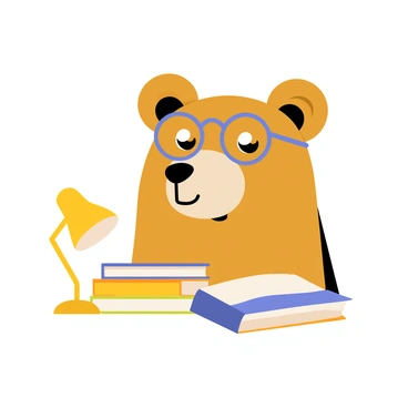 A bear's head with a thick, furry brown coat and distinct round ears is the central focus. The bear is wearing a pair of large, round reading glasses perched on its snout. Its eyes are slightly narrowed, conveying a wise and thoughtful expression. The mouth is curved into a gentle, contemplative line. Around the bear's head, there are scattered books with colorful covers, and a small desk lamp adds a warm light to the scene, emphasizing the thoughtful atmosphere.