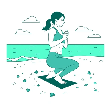 A person with a toned physique is engaged in Russian twists on a sandy beach. The individual is wearing a bright teal workout outfit, and their hair is tied back in a ponytail. The sandy beach is scattered with small seashells, and the ocean can be seen in the background, with gentle waves lapping at the shore. The sky is clear with a few fluffy white clouds. The person is balancing on their sit bones, with legs lifted off the ground and twisting their torso, hands clasped together in front of them.