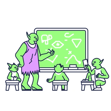 A goblin standing in front of a chalkboard is teaching a group of young goblins. The goblin has pointed ears and wears a tattered vest. The chalkboard behind him is full of green scribbles and shapes, illustrating various lessons. The young goblins are seated on small wooden stools, paying attention with curious expressions. Some of the young goblins are taking notes on parchment, while others are raising their hands to ask questions. The setting appears to be a simple classroom with a rustic feel.