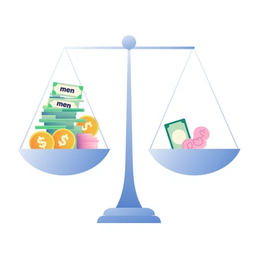 A set of balanced scales is depicted in the center of the image. On the left side, there is a large stack of various bills and coins labeled with the word "men," causing that side to rise significantly higher. On the right side, there are fewer coins and a single bill labeled with the word "women," causing it to tilt downward. The scales are made of shiny metal, and the background is neutral to emphasize the scales' contrasting sides.