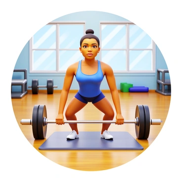 A dance studio with mirrors on the wall. A dancer performing a routine that incorporates deadlift movements. The dancer is wearing athletic clothing, displaying strength and grace as they lift a barbell from the floor. The studio has wooden flooring and is well-lit with natural light coming through large windows. In the background, there are exercise mats and weights arranged neatly. The dancer's expression shows concentration and determination.
