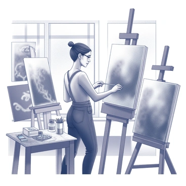 A woman artist is standing in her art studio. She has a focused expression as she works on a canvas. The studio is filled with a variety of paintings displayed on easels and leaning against the walls. Brushes and palettes are scattered on a table nearby. The space has a warm, inviting atmosphere with soft lighting illuminating the artwork. Different textures and patterns can be seen in the paintings, showcasing the artist's diverse style and creativity.