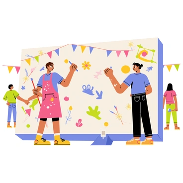 Two illustrators stand side by side, working on a large mural. One illustrator has short brown hair and is wearing a red apron splattered with paint, while the other has long black hair tied in a ponytail and is dressed in a blue t-shirt. They both hold brushes, applying vibrant colors to the mural, which features whimsical elements like cartoon animals, flowers, and abstract shapes. The fair is lively around them, with colorful banners hanging and people admiring the artwork, adding to the vibrant atmosphere of the scene.