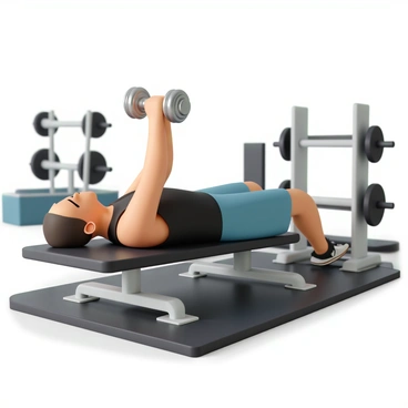 A fit athlete, wearing a black tank top and blue shorts, is lying on a flat bench in a gym setting. The athlete's arms are extended back, holding a heavy dumbbell above their head. The dumbbell is metallic and shiny, reflecting light. The athlete's posture is stable, with their feet firmly planted on the ground, and their head slightly tilted back. The gym floor is covered with dark rubber mats, and the background shows gym equipment like weights and benches blurred slightly, emphasizing the athlete's focus on the exercise.