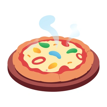 A freshly baked pizza is placed on a wooden board, cheese bubbling and golden in color. The pizza has a crispy crust surrounding a molten layer of cheese. Vibrant, colorful sliced chili peppers, in shades of red, green, and yellow, are scattered across the surface, adding a lively touch. Steam gently rises from the pizza, emphasizing its warmth and freshness.