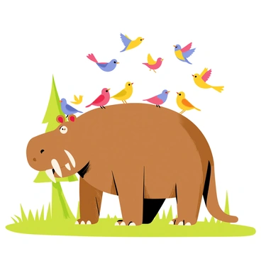 The Gruffalo stands in a forest clearing, showcasing his distinctive features with a large, brown, furry body and prominent tusks. His vivid orange eyes are wide open, observing his lively surroundings. A flock of colorful birds, including bright red, yellow, and blue, flutters around him, chirping enthusiastically. The birds are various sizes, with some perched on his shoulders and others flying in playful circles above his head. The background features tall green trees and soft grass, creating a vibrant, animated atmosphere.