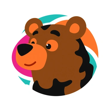 A bear's head composed of swirling shapes and bold colors. The head features prominent ears and a distinctive snout, with eyes depicted as circular forms. The swirling colors include shades of brown, black, and hints of orange, creating a dynamic and energetic feel. The background consists of a variety of overlapping shapes in complementary colors, enhancing the bear's head as the focal point of the image.