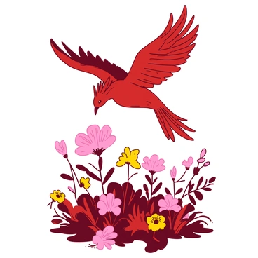 A red phoenix is soaring gracefully through the air, its wings spread wide and feathers shimmering. Below the phoenix, there is a field of pink and yellow blooming flowers, creating a vibrant tapestry on the ground. The flowers vary in size and shape, with some standing tall while others are closer to the ground. Surrounding the flowers, there is lush greenery, characterized by a mix of dark green leaves and lighter green grass. The scene captures the dynamic energy of the phoenix amidst the tranquility of the blossoms and foliage below.