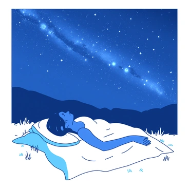A deep blue night sky is filled with countless stars twinkling brightly, forming a stunning view of the Milky Way stretching across the canvas of the universe. In the foreground, a person is lying comfortably on a white blanket, their head resting against a soft pillow. The person is gazing up with a sense of wonder, their silhouette visible against the light of the stars. Surrounding the blanket, there are small tufts of grass, gently swaying in the night breeze.