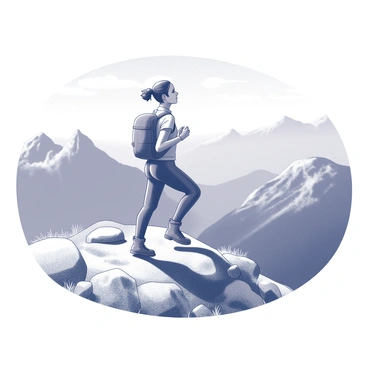 A woman is hiking up a steep mountain trail. She is wearing a backpack and hiking boots. The trail is rugged, lined with rocks and patches of grass. Behind her, there is a vast landscape of mountains and valleys stretching into the distance. The woman has her hair tied back, and she appears focused on her ascent. The sky above is clear, with a few clouds scattered. The view in the background includes peaks that rise dramatically, creating a sense of grandeur.