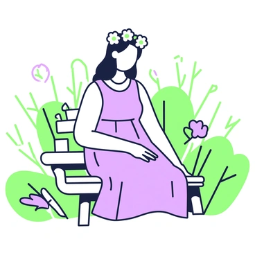 A young woman is seated on a wooden bench in a garden. She has long hair that cascades down her shoulders, with a simple flower crown made of daisies adorning her head. The woman is wearing a light, flowing dress that gently billows around her. Her hands rest on her lap, and she gazes softly ahead. The background features leafy plants and flowers, subtly blurred to emphasize her presence. A warm light filters through the foliage, casting delicate shadows around her.