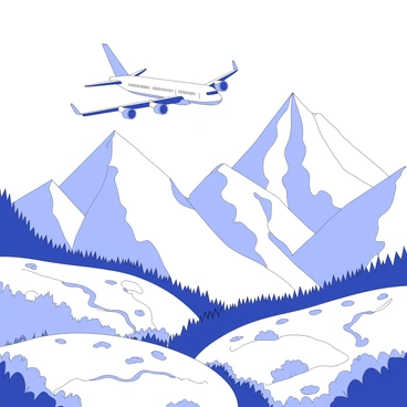 A Boeing 727 is flying above towering mountain peaks. The aircraft has a sleek fuselage with three engines mounted on the wings. Below, lush valleys extend with a mix of trees and open fields. The mountain peaks are rugged, displaying sharp edges and rocky formations. The valleys are dotted with winding rivers and patches of vegetation, creating a contrasting landscape. The scene captures the aircraft's flight in an expansive view of nature.