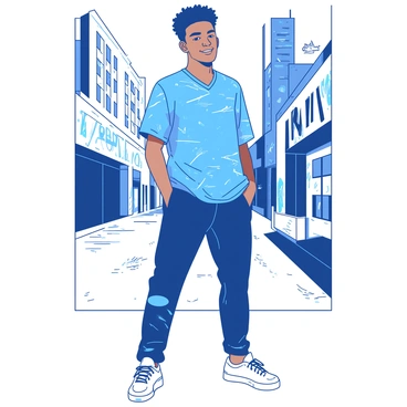 A young person stands confidently in an urban setting, wearing a vibrant blue jersey with dynamic patterns that catch the eye. The jersey is paired with sleek, stylish black streetwear pants that feature unique cuts and bold details. They are wearing trendy white sneakers that add to the contemporary look. The urban background includes graffiti-covered walls and tall buildings, emphasizing the lively city atmosphere. The person has a relaxed posture, with one hand in their pocket and a slight smile on their face, embodying a sense of style and self-expression.