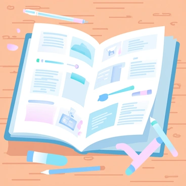 An open catalog is placed on a wooden table, showcasing a variety of illustration tools. The pages are filled with neatly organized items including colored pencils, markers, brushes, and sketch pads. Each item has a brief description and a price next to it, all clearly printed. The catalog's design features gradient pastel colors, adding a soft touch to the overall layout. The open pages curve slightly, suggesting a sense of accessibility and inviting the viewer to explore the contents further. Some tools are arranged artistically across the table, creating a creative and inviting atmosphere.