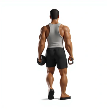 A person with a muscular build is performing bicep curls in a gym setting. The individual has defined muscle tones, particularly in the arms, showcasing large biceps during the curl motion. They are wearing a fitted tank top that highlights their physique and athletic shorts. The person grips a heavy dumbbell in each hand, with one arm lifted and the other arm lowered. The lighting casts shadows that enhance the definition of their muscles, providing a strong visual focus on their arms.