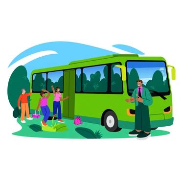 A tour bus driver wearing a green uniform stands beside a large, eco-friendly bus made of natural materials. The bus is painted in vibrant shades of green, featuring leaf patterns and solar panels on its roof. The driver smiles as they prepare to welcome tourists, who can be seen excitedly gathering nearby. The scene is set in a lush, green park filled with trees and plants, highlighting the commitment to sustainability. In the background, a clear blue sky complements the vibrant colors of the bus and nature.