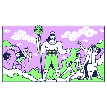 A large mural painting covering a wall features a mythological story. In the center, a powerful figure holds a staff, adorned with intricate designs. Surrounding this figure, other characters are depicted in dynamic poses, contributing to the narrative. On one side, a beast with exaggerated features lurks, while on the opposite side, a group of smaller figures appears to be in awe. The background shows a landscape with mountains and swirling clouds, enhancing the drama of the scene. Each character is rendered with distinct attributes, showcasing a variety of expressions and actions that draw the viewer into the story.