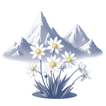 A cluster of "Edelweiss flowers" blooming prominently in the foreground. The flowers have star-shaped white petals and yellow centers. The scene features "snowy mountain peaks" towering in the background, with sharp, jagged edges contrasting against the delicate flowers. The mountains are capped with snow and exhibit rugged terrain. The landscape is serene, highlighting the beauty of nature, with the flowers standing as a symbol of resilience against the harsh mountain environment.