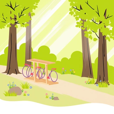 A small wooden bike stand is positioned in a forest clearing. The bike stand is made of light brown wood, with space for several bicycles. Surrounding the bike stand are tall green trees with thick trunks and lush foliage. Sunlight filters through the leaves above, creating dappled patterns of light and shadow on the forest floor. The ground is covered with a mix of green grass and brown leaves, adding texture to the scene. Small patches of colorful wildflowers are scattered throughout the underbrush, enhancing the natural beauty of the setting.