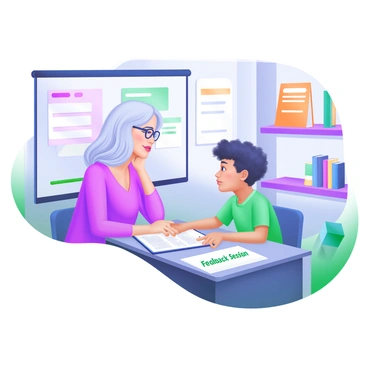 A classroom setting featuring a teacher and a student engaged in a reflective feedback process. The teacher, a middle-aged woman with glasses, is sitting at a desk, leaning slightly forward with a notebook open in front of her. The student, a young boy with curly hair, is sitting across from her, looking attentive. In the background, colorful educational posters decorate the walls, and there are shelves filled with books. A whiteboard displays notes and assignments. A soft light filters through a window, creating a warm atmosphere in the room. "Feedback Session" is written on a piece of paper on the teacher's desk.