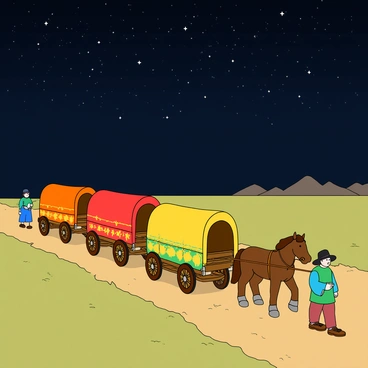 A colorful caravan with several covered wagons is moving through a vast landscape. The wagons are painted in bright colors, with patterns of red, yellow, and green, each pulled by sturdy brown horses. There are a few travelers walking alongside the wagons, wearing traditional attire, including tunics and wide-brimmed hats. Above them, "a sky full of shimmering stars" stretches across the scene, twinkling brightly against the dark background. The ground is a mixture of soft grass and dirt, and the travelers' footprints are visible along the path they have taken. In the distance, a few silhouettes of mountains can be seen under the starry night.