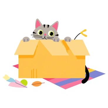 A cartoon-style illustration of a cute gray tabby cat with bright green eyes peeking out from inside a rectangular cardboard box. The box is slightly tilted, revealing the cat's playful expression as its ears are perked up and whiskers are extended. The background features a colorful carpet, adding warmth to the scene, while a couple of scattered toys, like a small ball and a feather, lie nearby, hinting at the cat's playful nature.