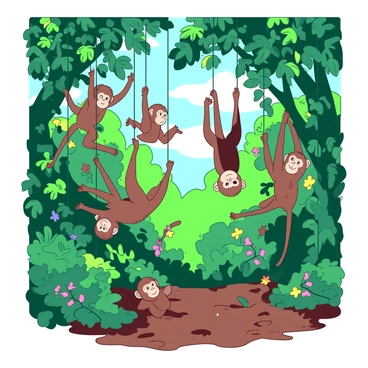 A group of playful monkeys is swinging from long green vines in a lush tropical jungle. The monkeys are varying in size and color, with some having brown fur and others having a lighter beige tone. Bright green leaves surround the vines, and colorful flowers bloom amidst the greenery. Sunlight filters through the dense canopy above, casting dappled shadows on the forest floor covered with rich, dark soil and scattered leaves. Some monkeys are hanging upside down while others are reaching for the nearby branches.